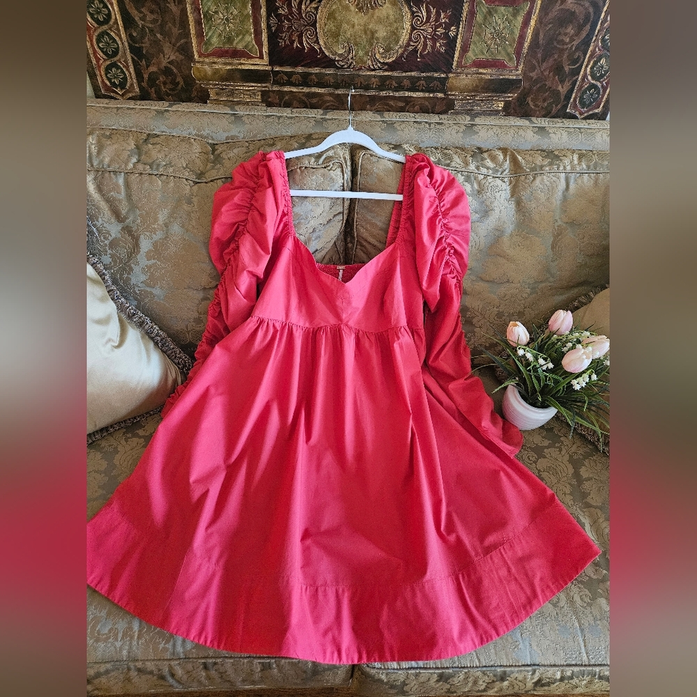 NWOT Free People Mini Rushed Pleated Long Sleeve Dress in Red/Pink